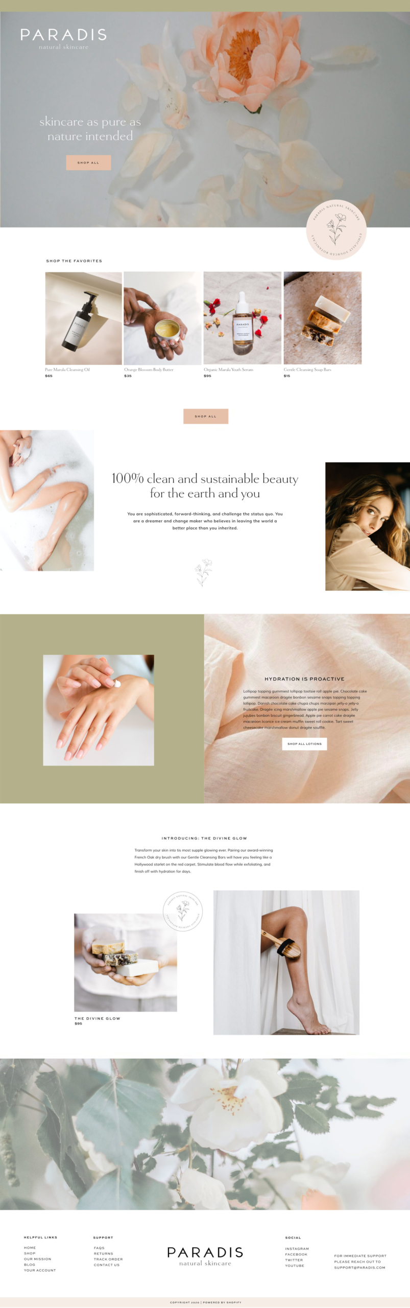 full page screenshot of a Shopify website design for skincare