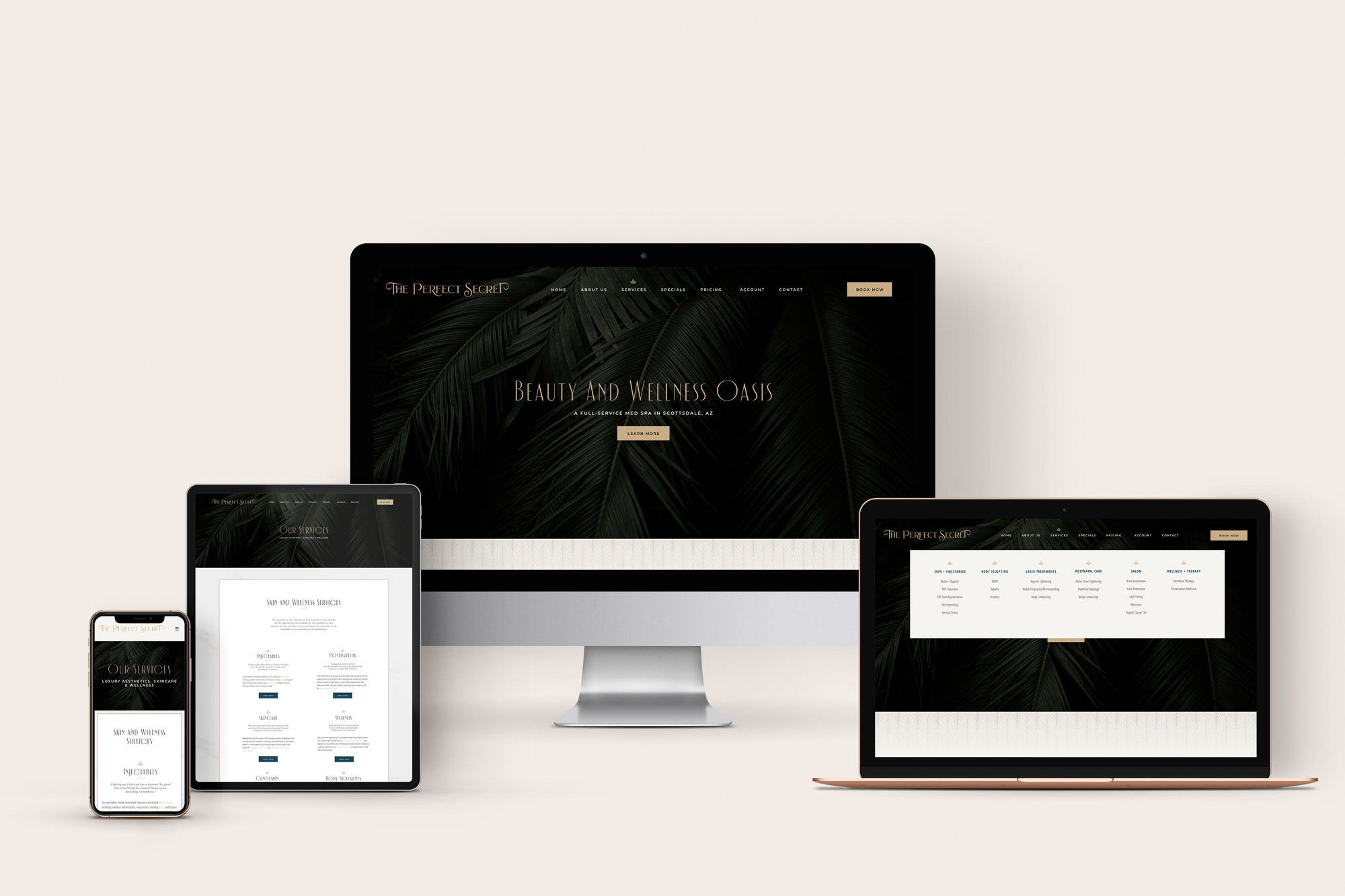 iMac, MacBook, iPad and iPhone mockups for the website design of It's the Perfect Secret med spa