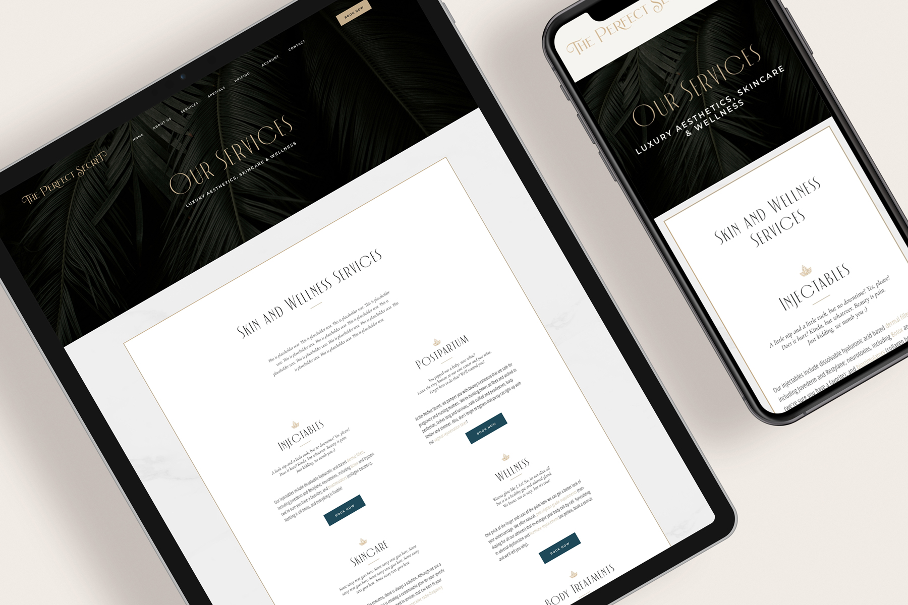 iPad and iPhone mockups for the website of It's the Perfect Secret med spa