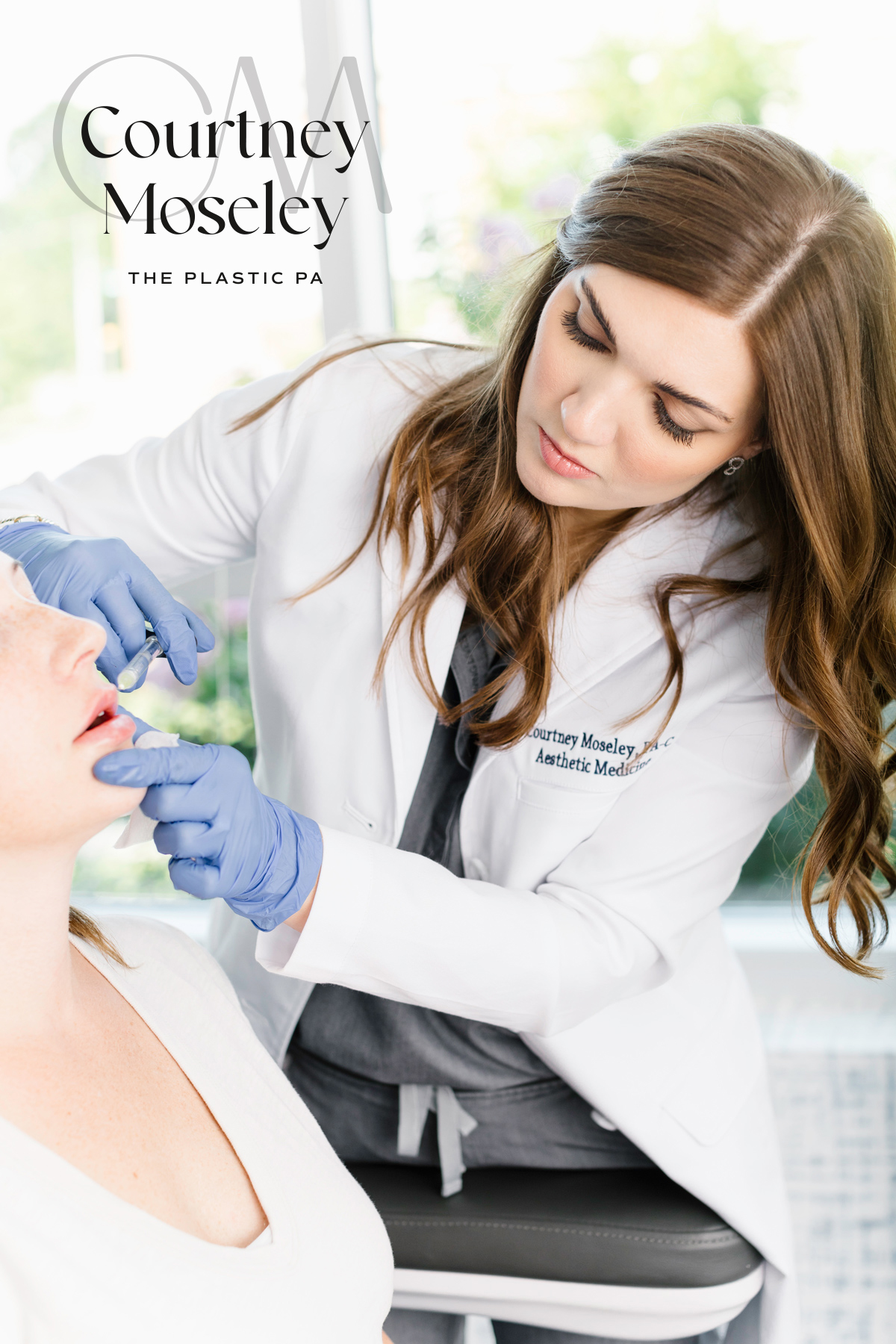 physician associate logo on image of her injecting a client with dermal fillers